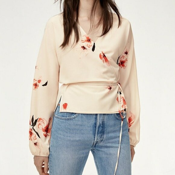 Aritzia Wilfred Lilia Taupe Floral Wrap Blouse Size Medium - Picture 1 of 10